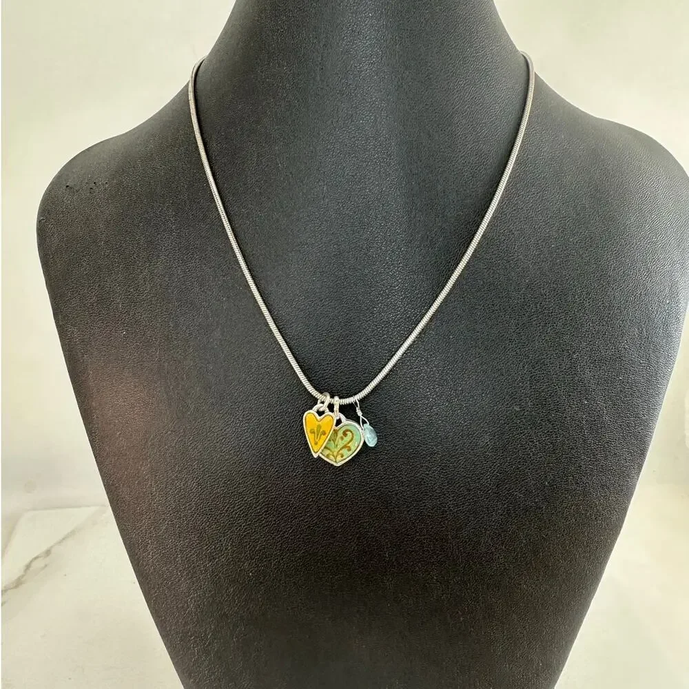 Brighton Gratitude Love 2 Hearts blue gem reversible necklace